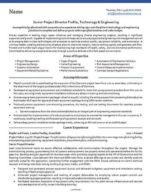 After resume example showing a clean, professionally formatted Senior Project Director resume rewritten by Professional Resumes