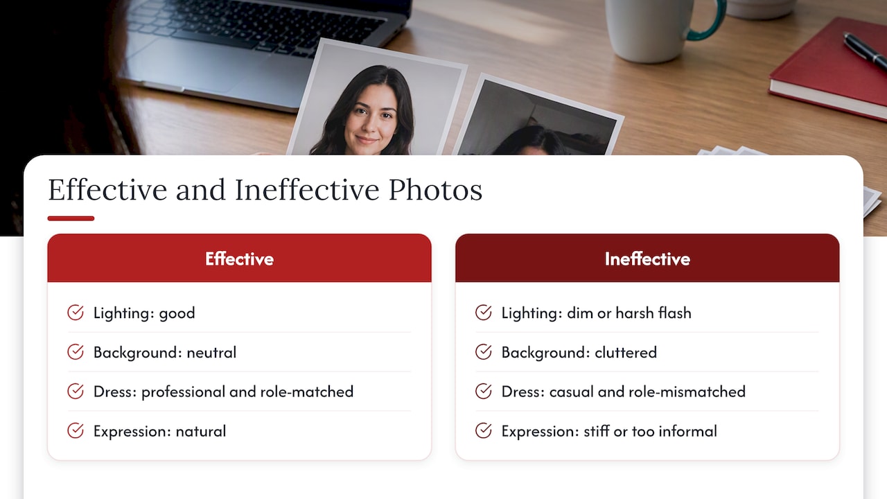 Examples of effective versus ineffective resume photos — overview diagram