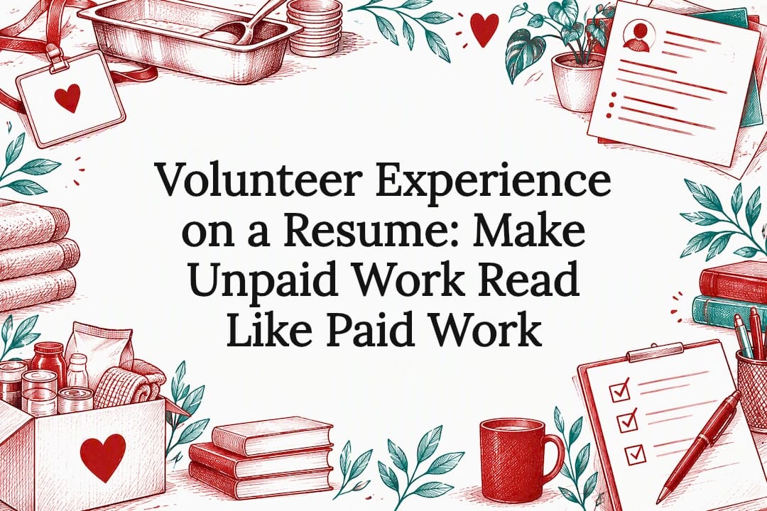 Hand-drawn volunteer and résumé objects frame title